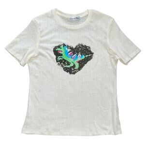 L Christian Dior 2021 Ivory Dinosaur Heart Graphic Print Logo TShirt Tee Top